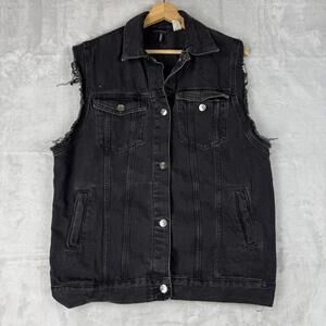 H&M Black Denim Vest Sleeveless Trucker Jacket Distressed Men Size S Biker Y2K